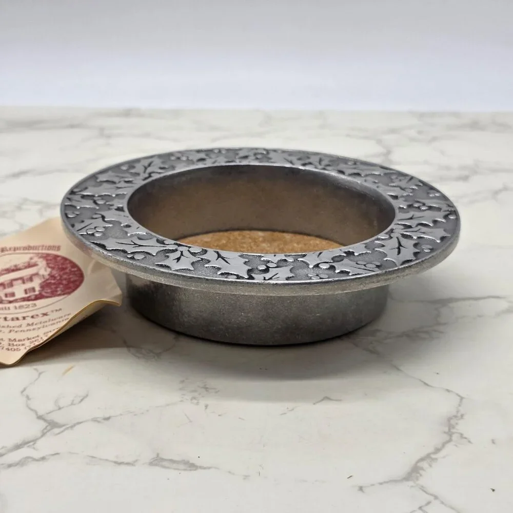 Pewtarex Pewter Wine Bottle Coaster Holly Berry Pattern Cork Insert USA Made NEW